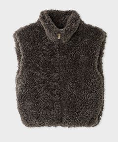 フェイクファージップアップベスト(チャコールグレー) ポリエステル / ショート丈 / ポケット付き / 裏地あり / MWFV255040