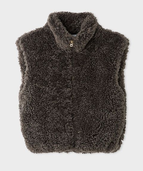 フェイクファージップアップベスト(チャコールグレー) ポリエステル / ショート丈 / ポケット付き / 裏地あり / MWFV255040