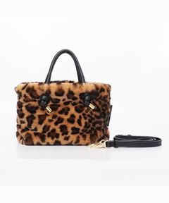 【ELMO / エルモ】V-8763（Leopard Beige × Black / レオパードベージュ × ブラック）レッキスラビットエコファー2WAYトート / ポリエステル / 牛革 / 長財布入るサイズ