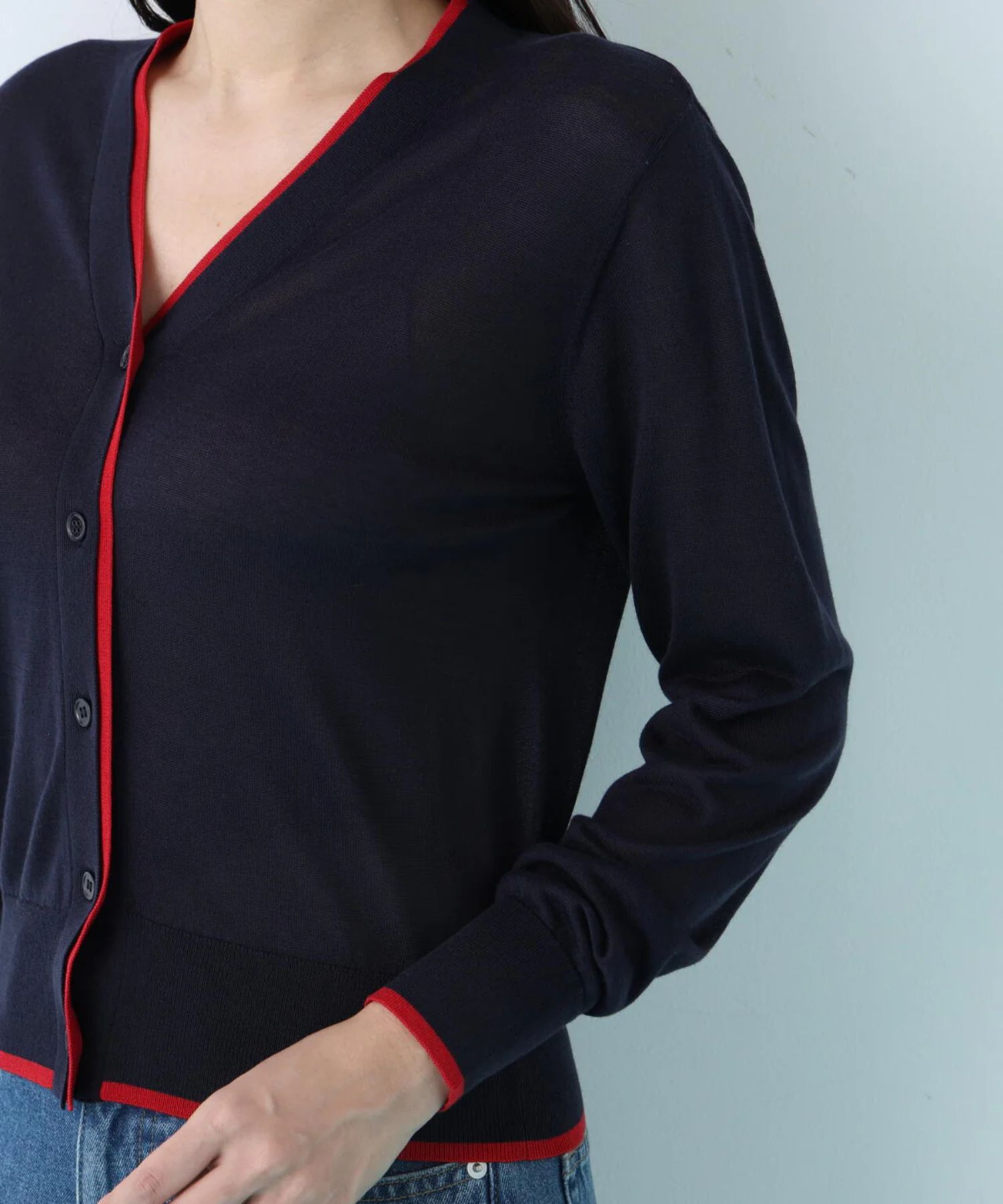 Vネックパレットニットカーディガン(ネイビー)再生繊維 / ウォッシャブル / 手洗い可 / ストレッチあり / 前釦開き / 裏地無し / 0316175211