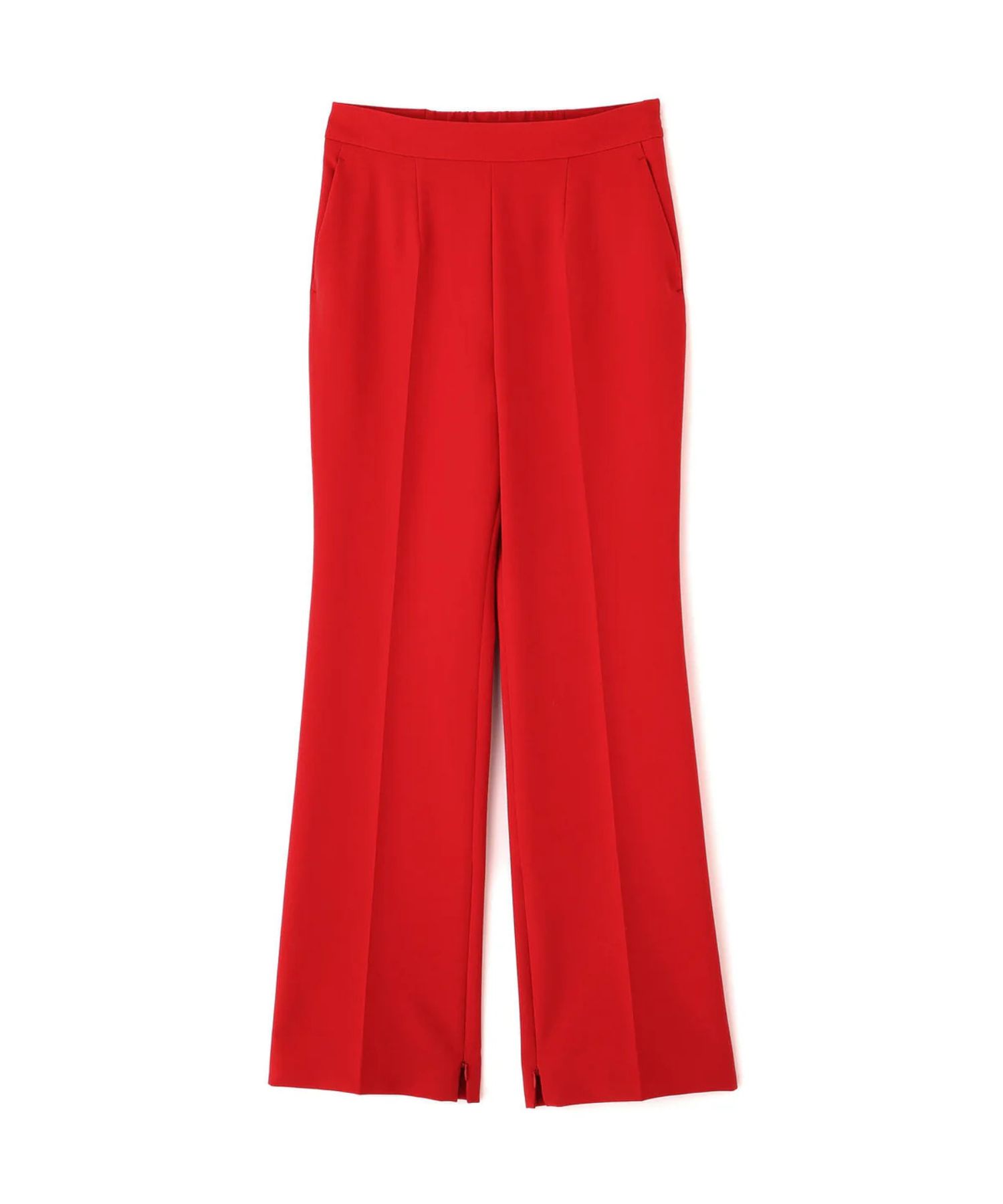 2WAY ストレッチフレアパンツ(レッド)ポリエステル / ショート丈裏地付き / ストレッチあり / 前ポケット×2 、後ろ飾りポケット×2/ 左脇ファスナー開き / 後ろ中心ウエストにゴム入り / かかとくらいの丈 / 0315230110