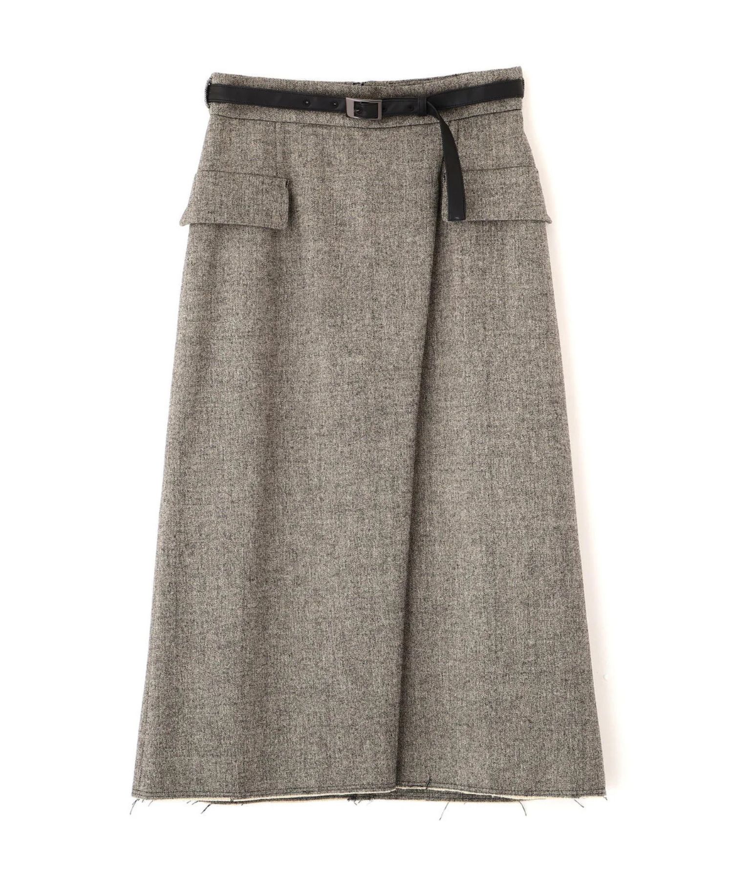 クラシカルツイードレザーベルト付きスカート(ブラック)毛 / 裏地あり / 合皮ベルト付き / 脇ファスナー / 0315220121