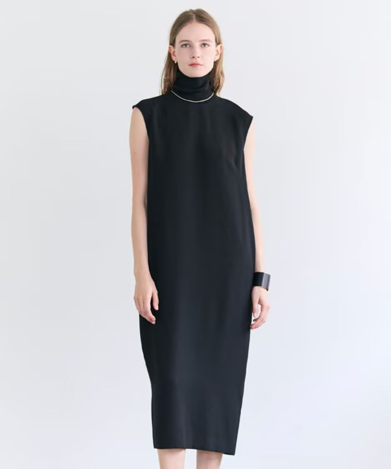 FLEUR / 異素材ネック ロングワンピース (Navy) トリアセテート / ノースリーブ /ゴールドファスナー /手洗可/ OPCWLM0404