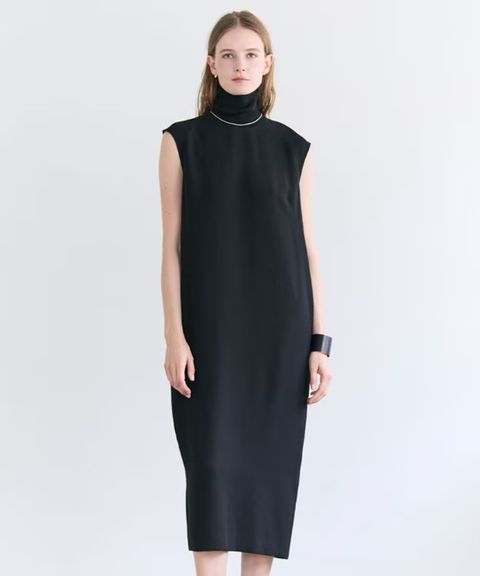 FLEUR / 異素材ネック ロングワンピース (Navy) トリアセテート / ノースリーブ /ゴールドファスナー /手洗可/ OPCWLM0404