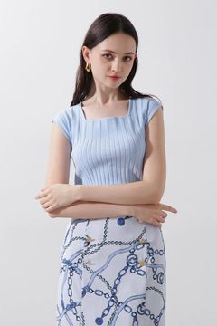 [追加生産分]スクエアネックニットトップス (サックスブルー) / ストレッチ / ウォッシャブル / 0315270893
