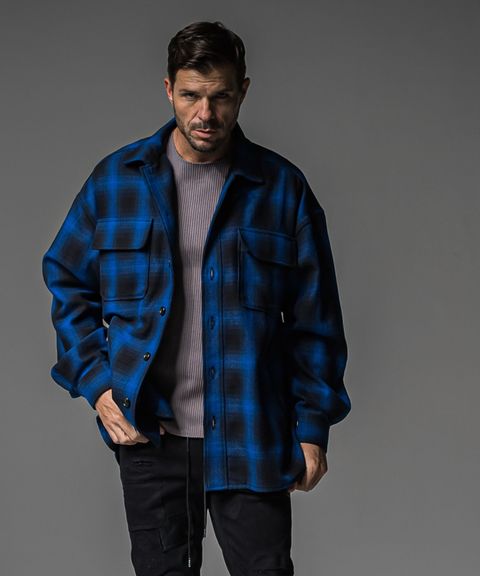 CHECK CPO SHIRTS JK (BLUE CHECK ) COTTON /オーバーサイス/  ドロップショルダー / フラップポケット / 手洗可 /  RC37-JK-004