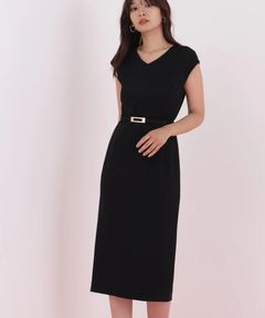 ハイツイストワンピース(ブラック)トリアセテート / 裏地付き / 後ファスナー / 後裾にベンツあり / 膝がちょうど隠れる丈 / ストレッチあり / 共地ベルト付き / 0316940099