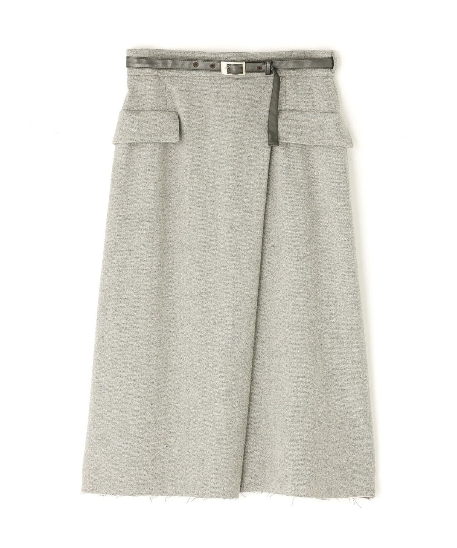 クラシカルツイードレザーベルト付きスカート(グレー)毛 / 裏地あり / 合皮ベルト付き / 脇ファスナー / 0315220121