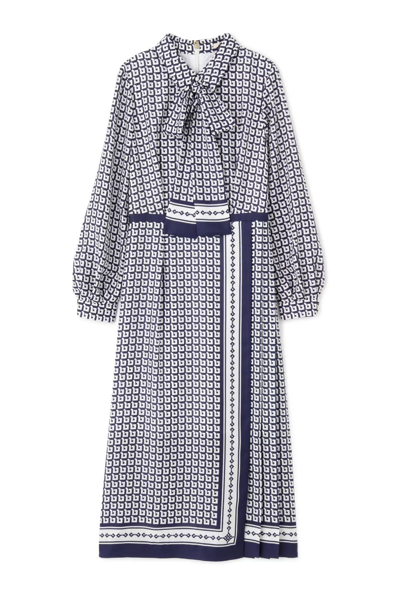 [URBAN PRECIOUS] ジオメトリックプリントワンピース (ネイビー) / ポリエステル 100% / 裏地付き / 共布リボン付 / 0315140111