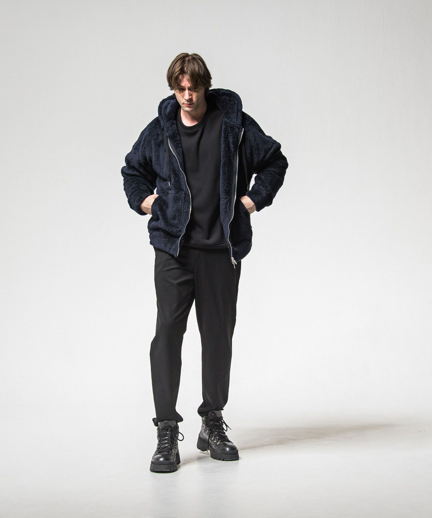 BOA zip loose hoodie (NAVY) ポリエステル / サイドパッチポケット / オーバーサイズ /ドロップショルダー / 軽量 /   RC38-C-007