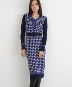 ジオメトリックジャガードニットワンピース(ブルー)レーヨン / 裏地無し / 袖釦あり / 前ベンツ / ベルト付き / ストレッチあり / 0315247113