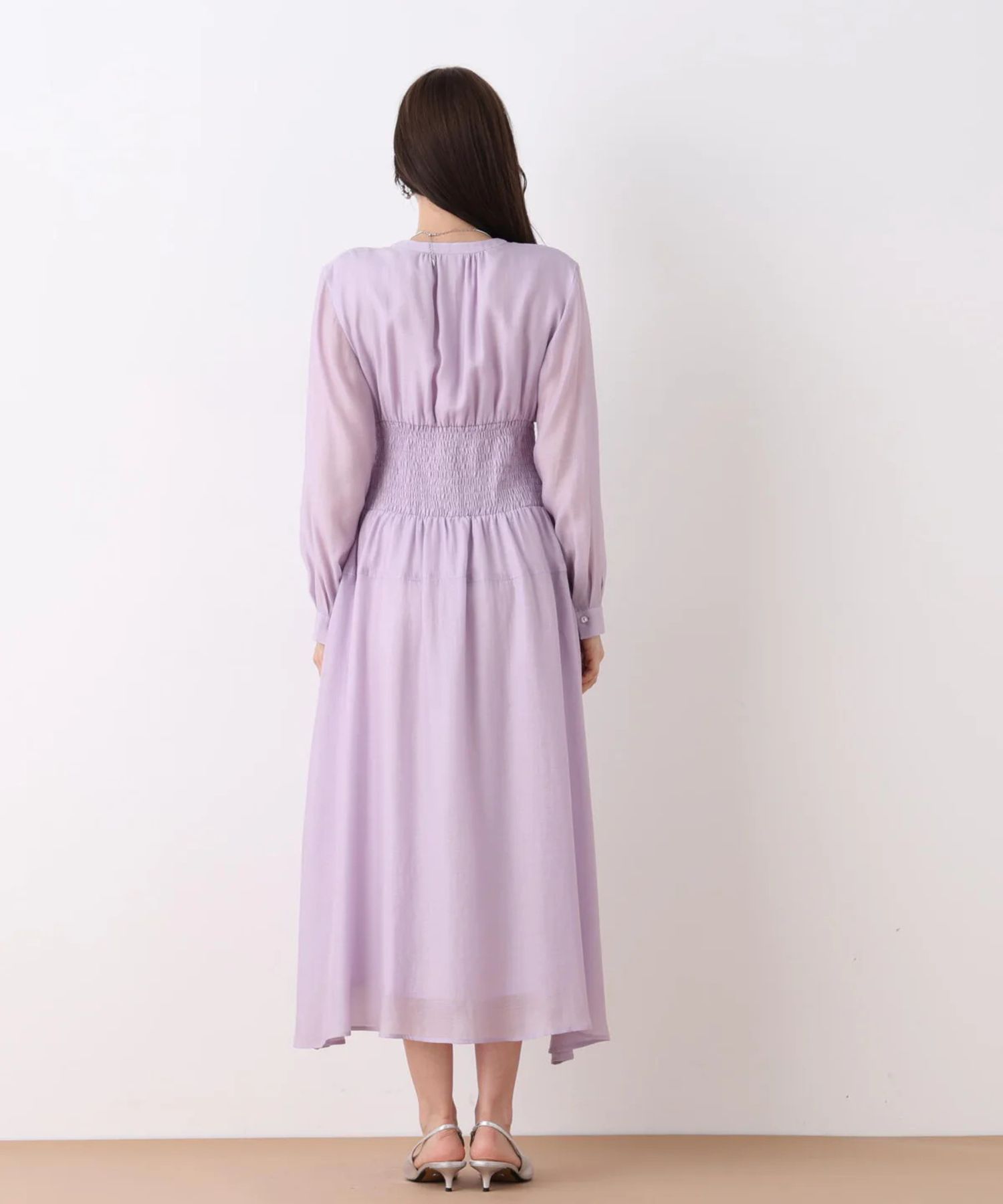 ウエストシャーリングロングワンピース(ラベンダー)再生繊維 / ストレッチ性無し / 身頃のみ裏地付き / 前スリットあり / あきなしでかぶり着用 / 0316140207