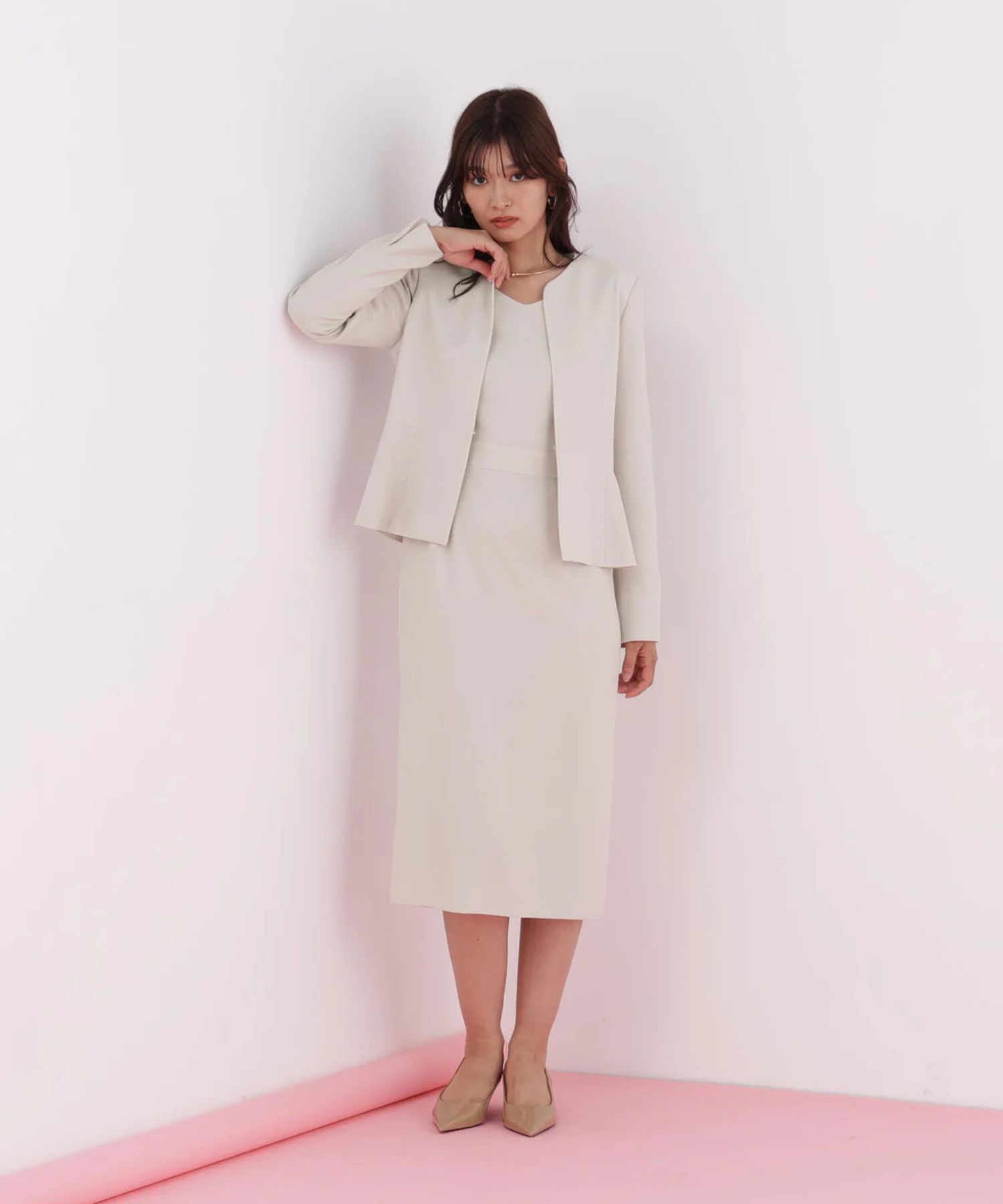 キーネックペプラムジャケット (ベージュ)アセテート / ストレッチなし / 裏地付き / 前ホックあき / 肩パットあり / 0316150112