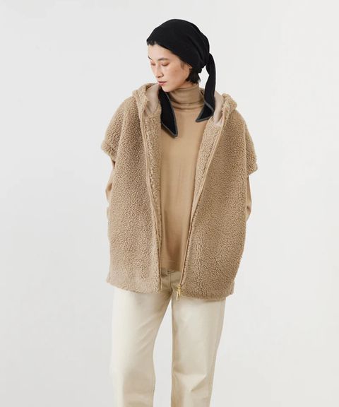 BOA HOODIE VEST (BEIGE) ポリエステル / オーバーショルダー / ダブルジップ / ウールブレンドボア / ADWS-501-35