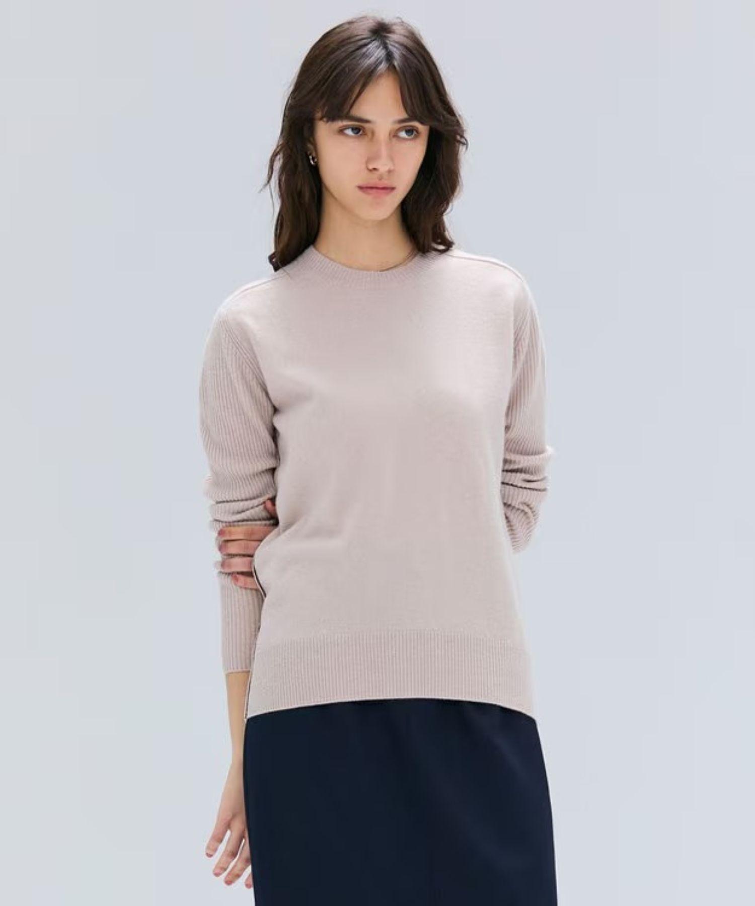 POMPE / ウールカシミヤ配色ラインクルーネックニット (Taupe×Bordeaux ) ウール / 手洗可 / カシミア混 / KRCWGW0400
