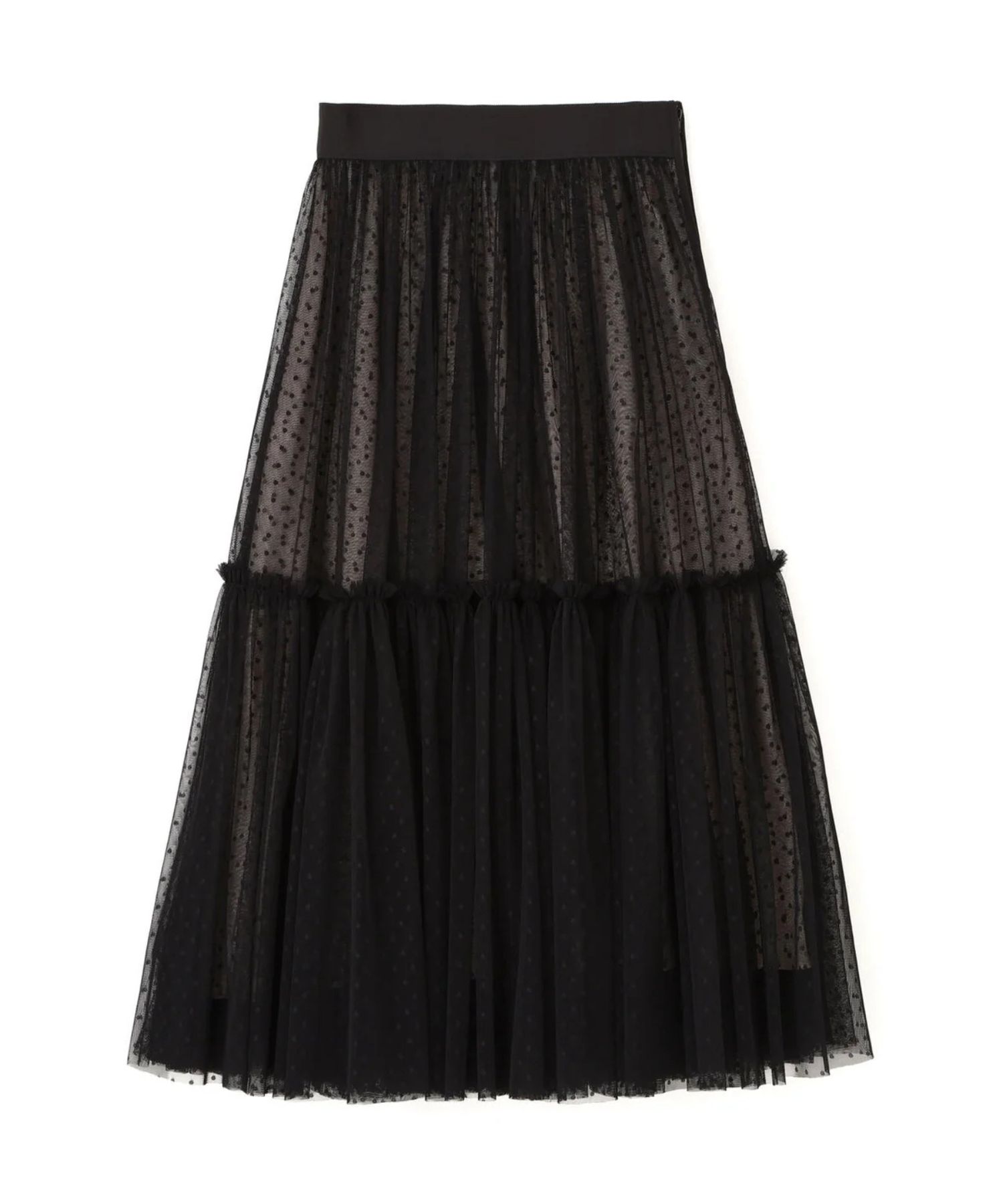ドットチュールギャザーティアードスカート(ブラック)ポリエステル / ストレッチなし / 裏地付き / 左脇ファスナー / くるぶしくらいの丈 / 0316120122