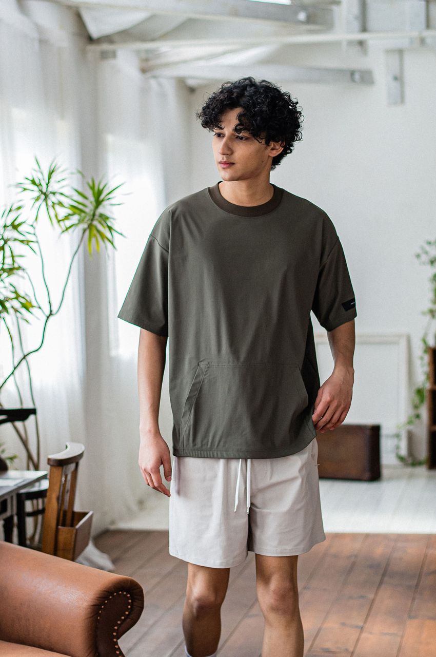Tシャツ (カーキ) ナイロン / 速乾性 / カンガルーポケット / ストレッチ / ウォッシャブル