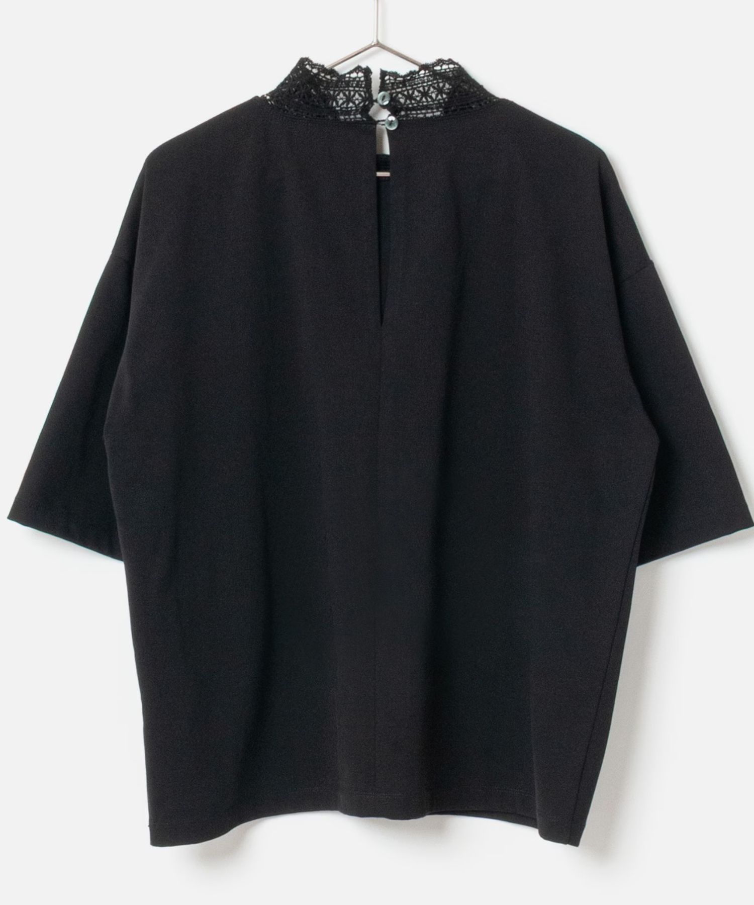 Stand Lace Collar T-Shirt (ブラック) 綿 / オーバーサイズ Tシャツ / 接触冷感/ 透湿性/ 紫外線防止  / FK261-37282