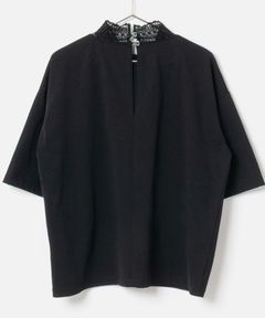 Stand Lace Collar T-Shirt (ブラック) 綿 / オーバーサイズ Tシャツ / 接触冷感/ 透湿性/ 紫外線防止  / FK261-37282