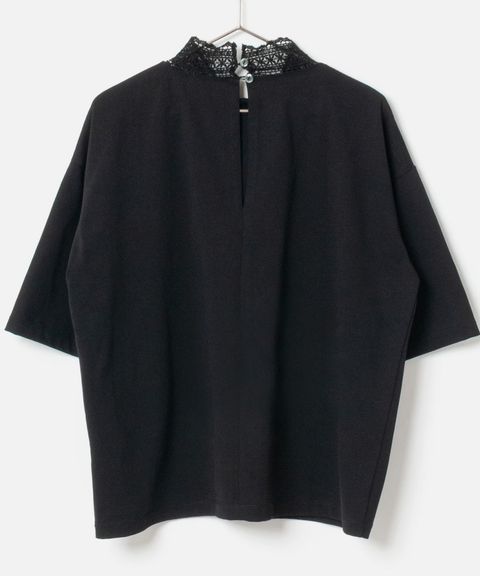 Stand Lace Collar T-Shirt (ブラック) 綿 / オーバーサイズ Tシャツ / 接触冷感/ 透湿性/ 紫外線防止  / FK261-37282
