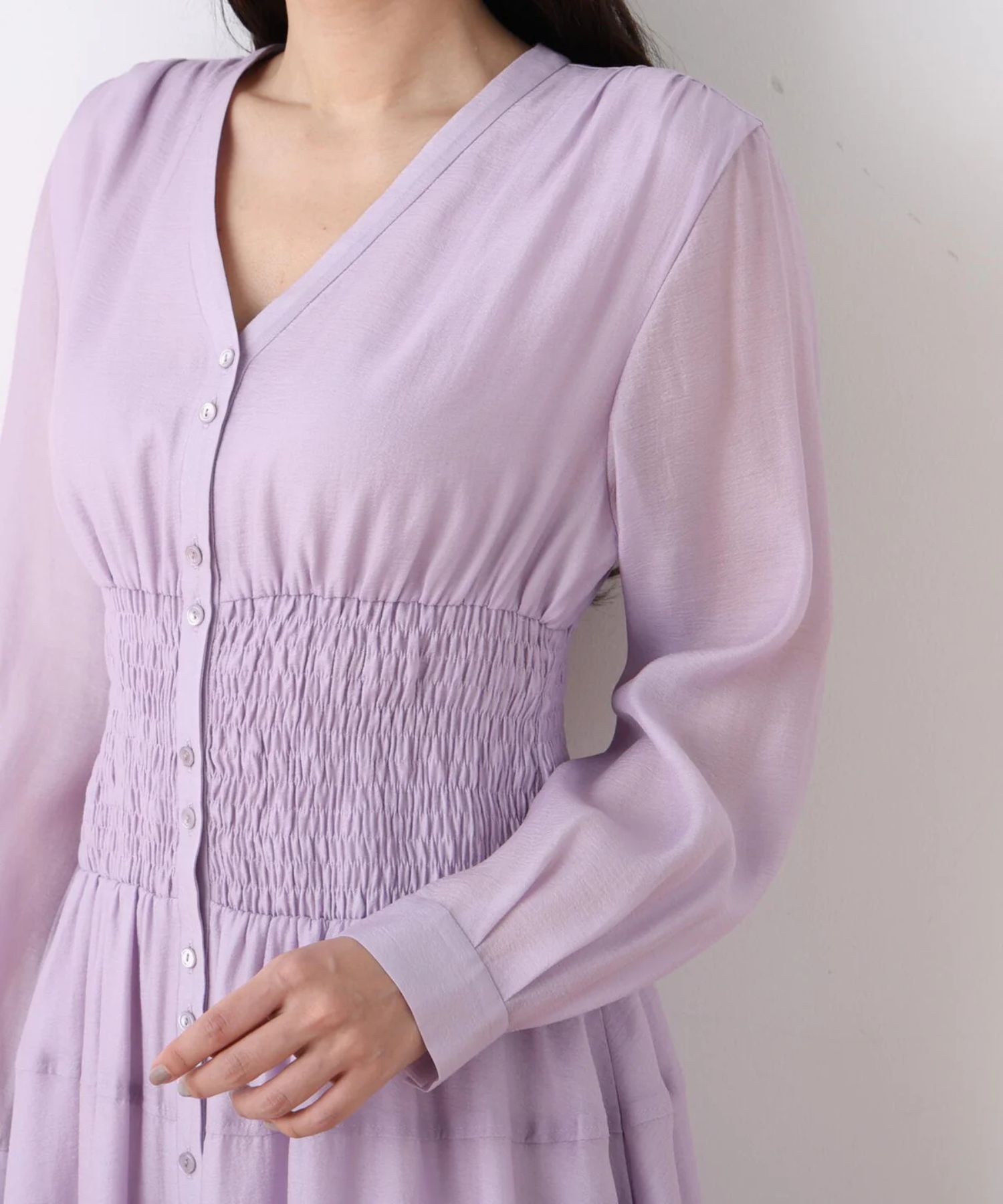 ウエストシャーリングロングワンピース(ラベンダー)再生繊維 / ストレッチ性無し / 身頃のみ裏地付き / 前スリットあり / あきなしでかぶり着用 / 0316140207