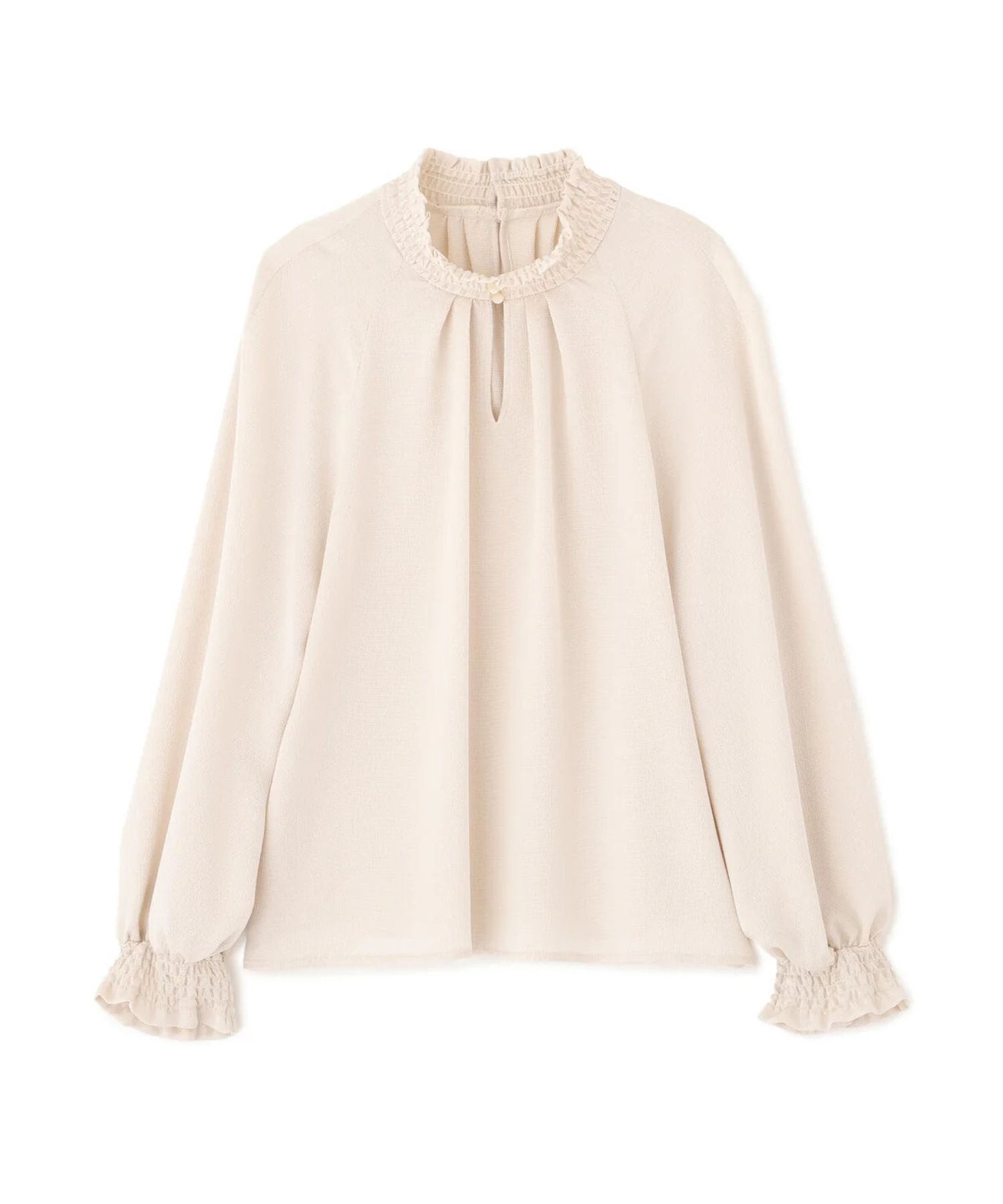 シャーリングネックギャザーブラウス(ベージュ)ポリエステル / ウォッシャブル / 手洗い可 / ストレッチあり / 裏地無し / 衿と袖口にシャーリング / 後衿スナップあき / 0315210120