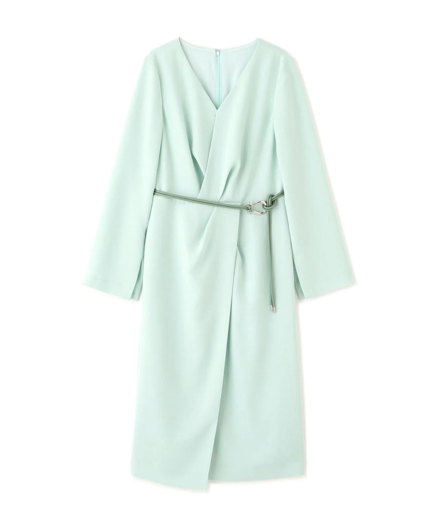 タッククロスウエストワンピース(ミントグリーン) ポリエステル / ストレッチあり / 裏地付き(袖は裏無し) / 右脇奥にスリットあり / 後ろファスナー開き / 袖下にスリットあり / 0316140219