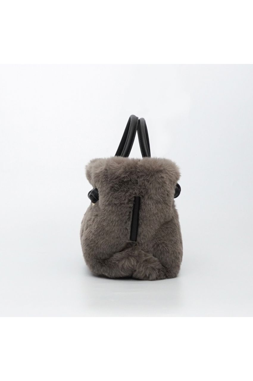 【ELMO / エルモ】V-8763（Leopard Beige × Black / レオパードベージュ × ブラック）レッキスラビットエコファー2WAYトート / ポリエステル / 牛革 / 長財布入るサイズ