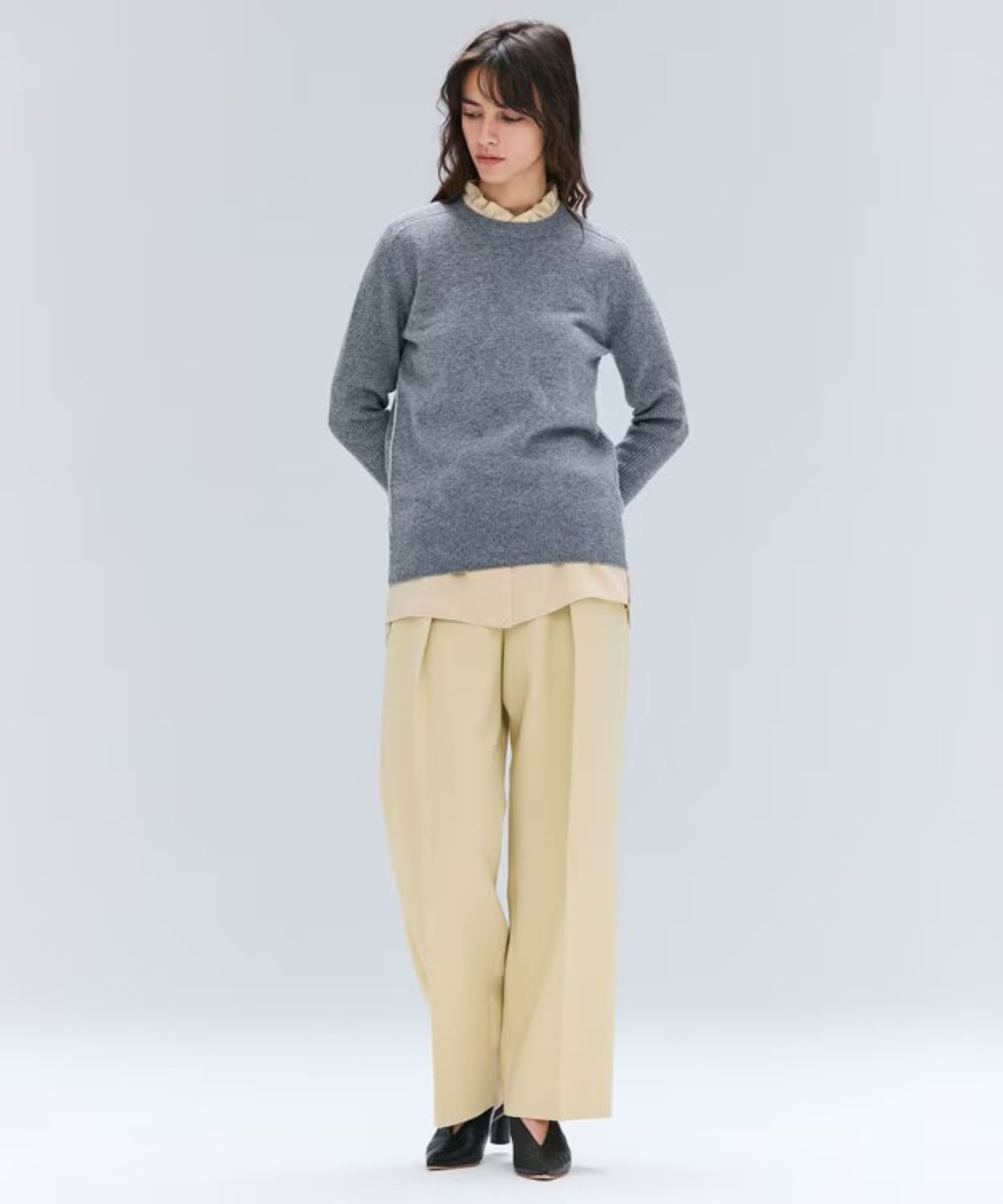 POMPE / ウールカシミヤ配色ラインクルーネックニット ( Charcoal×Off ) ウール / 手洗可 / カシミア混 / KRCWGW0400