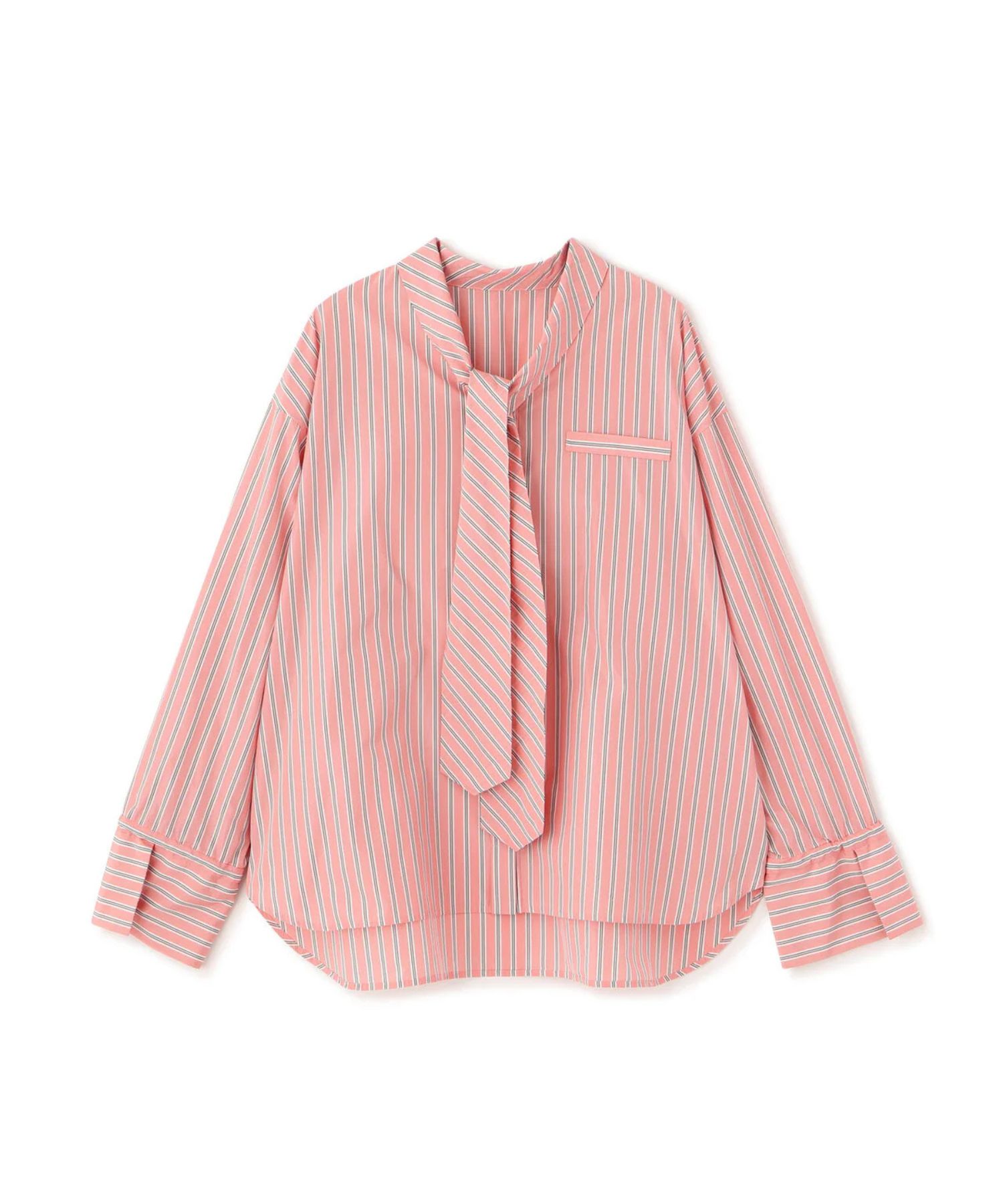 ストライプタイネックシャツ(ピンク系)ポリエステル / ストレッチ無し / 裏地無し / 前比翼あき / 衿から続きのリボン付き / 左胸に飾りポケット / 0316110101