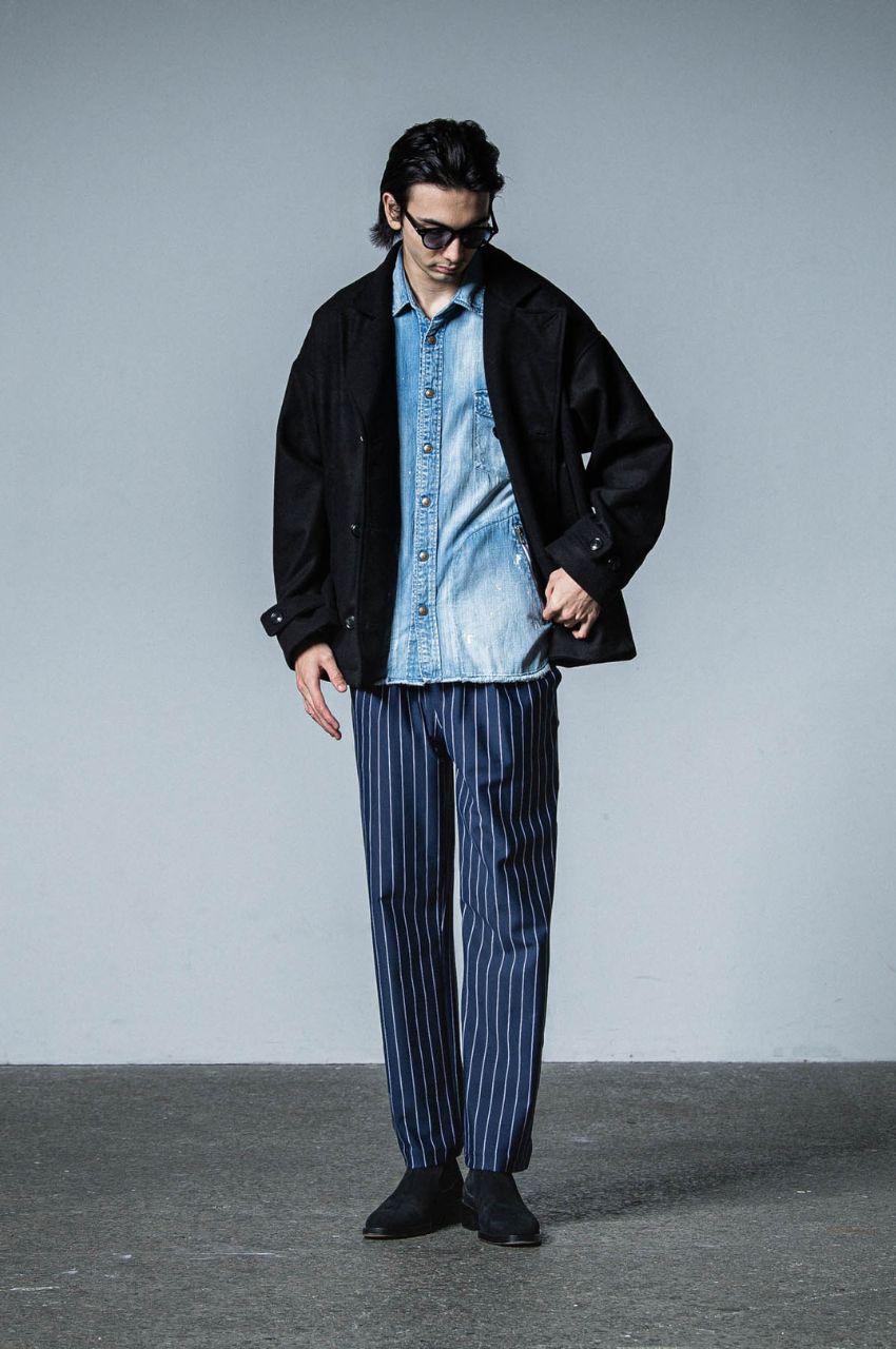 CHRIS EASY WIDE TUCK PANTS (NAVYST) /ポリエステル/ ストライプ柄 / ストレッチ / ワンタック / ベルトループ /  RC33-ST-016WT