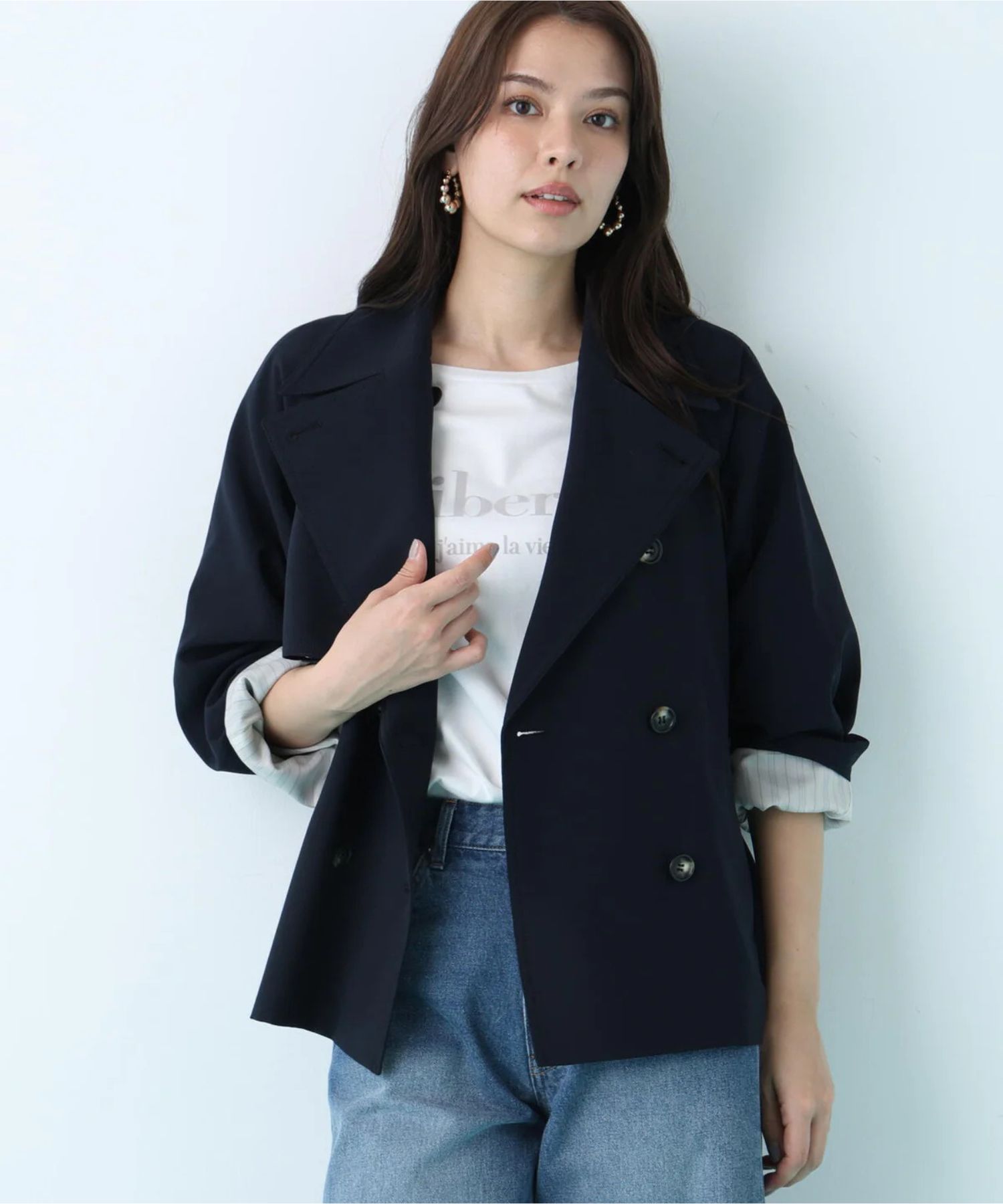 ソフトオックスショートトレンチコート(ネイビー)ポリエステル / ストレッチあり / 前釦あき / 前ポケット×2 / 0316151221