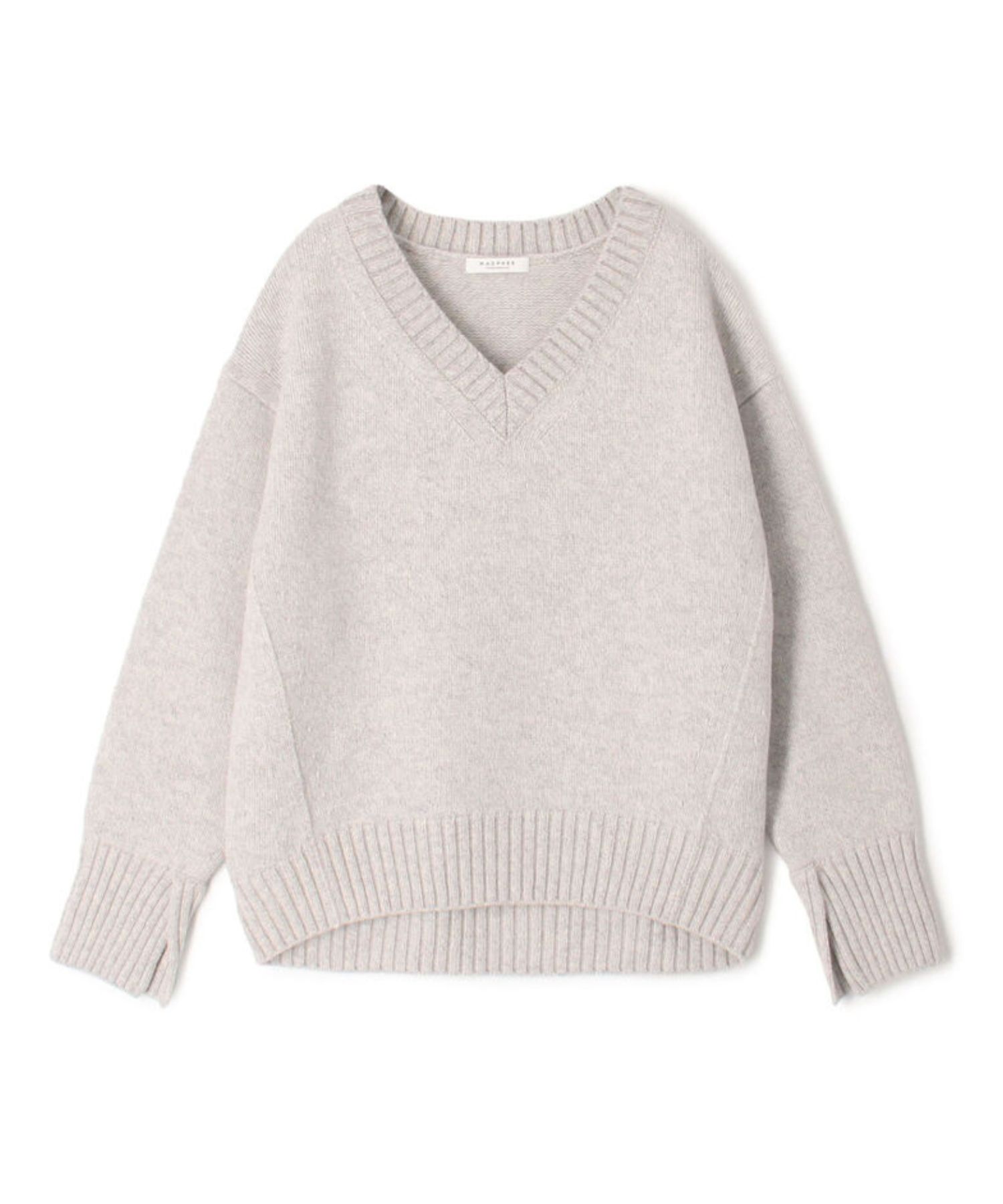 ラムカシミヤ Vネックプルオーバー (ライトグレー) ウール / 袖口スリット /やや厚手 / 伸縮性有り / 12-02-44-02705