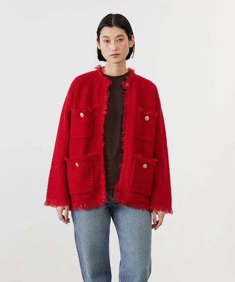 TWEED KNIT JACKET (RED ) ポリエステル / 異素材MIX / ノーカラー / 金釦 /ADWS-501-29