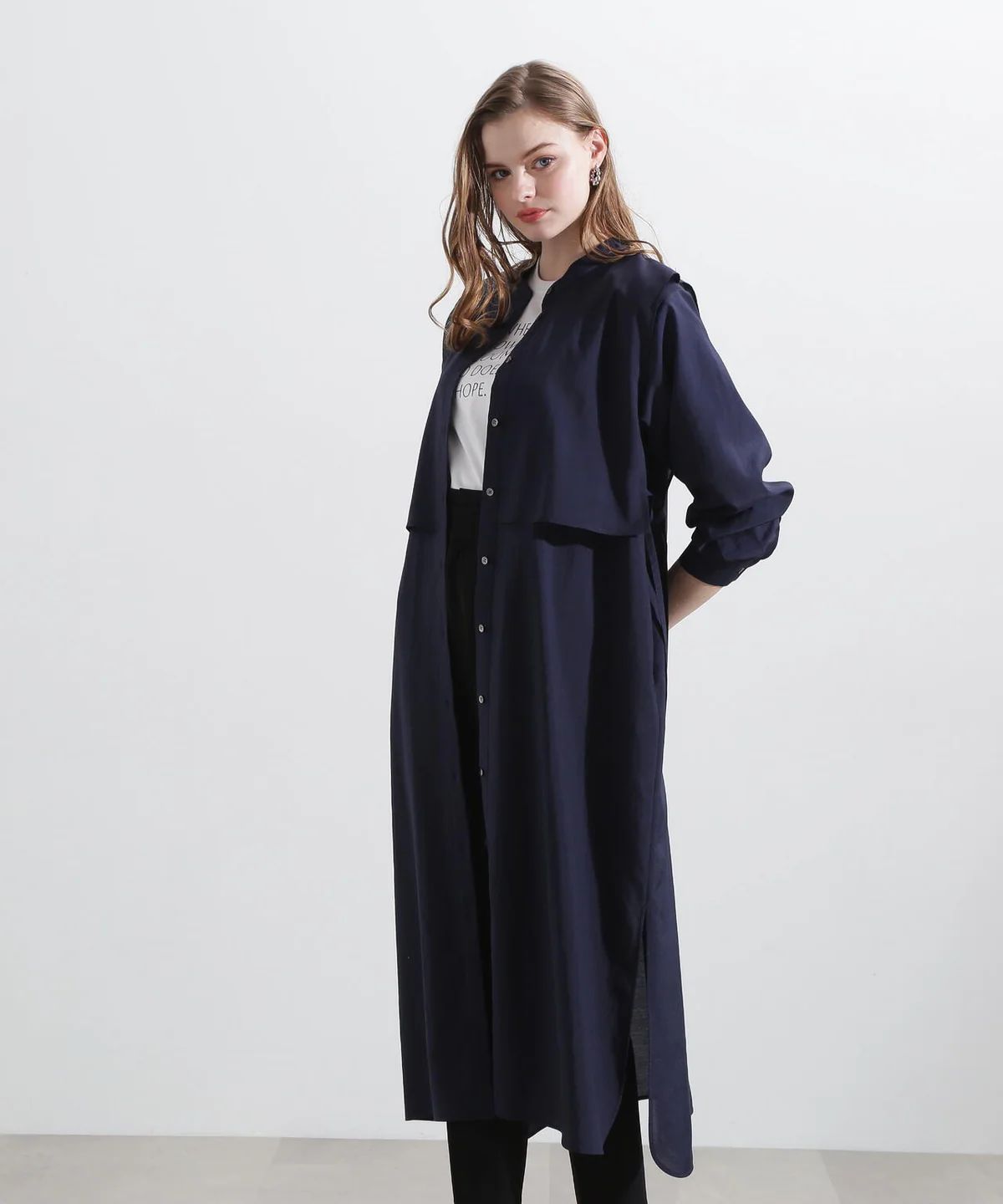 レイヤードシャツワンピース (ネイビー) / ポリエステル 100% / ウォッシャブル / 0315140305