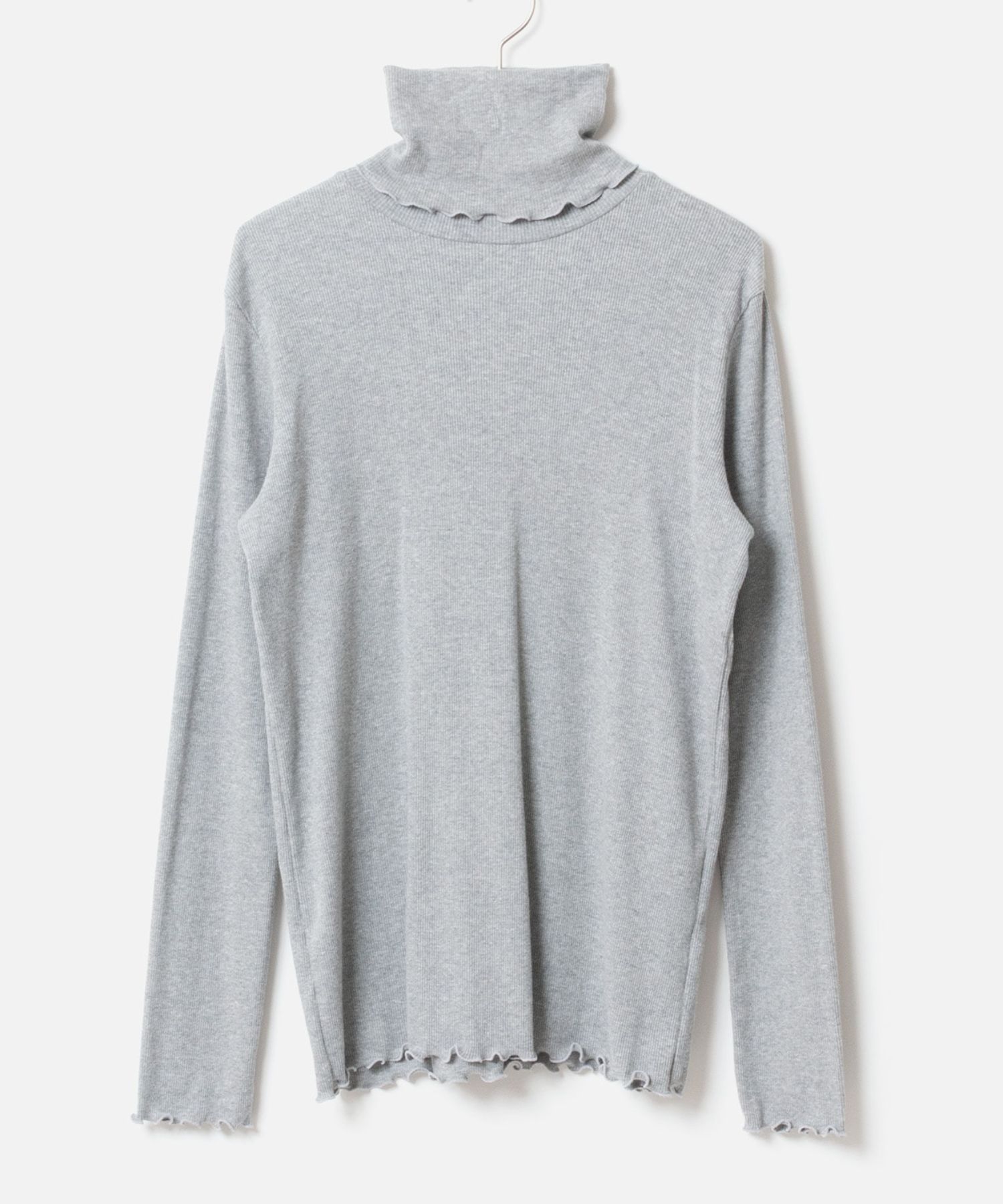 [Harriss × Keiko Okamoto] Cut-rib long turtleneck sweater (Gray) 綿 / ロングタートルネック / メローロック / 手洗可 / OK252-45231