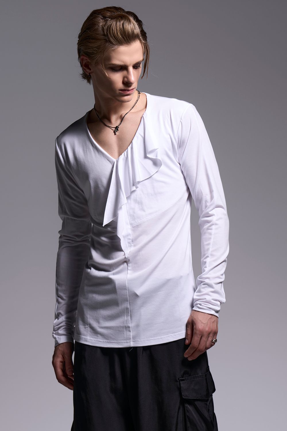 BEATENJIKU W-Frill-V-Neck-T / ベア天竺 Wフリル VネックTシャツ