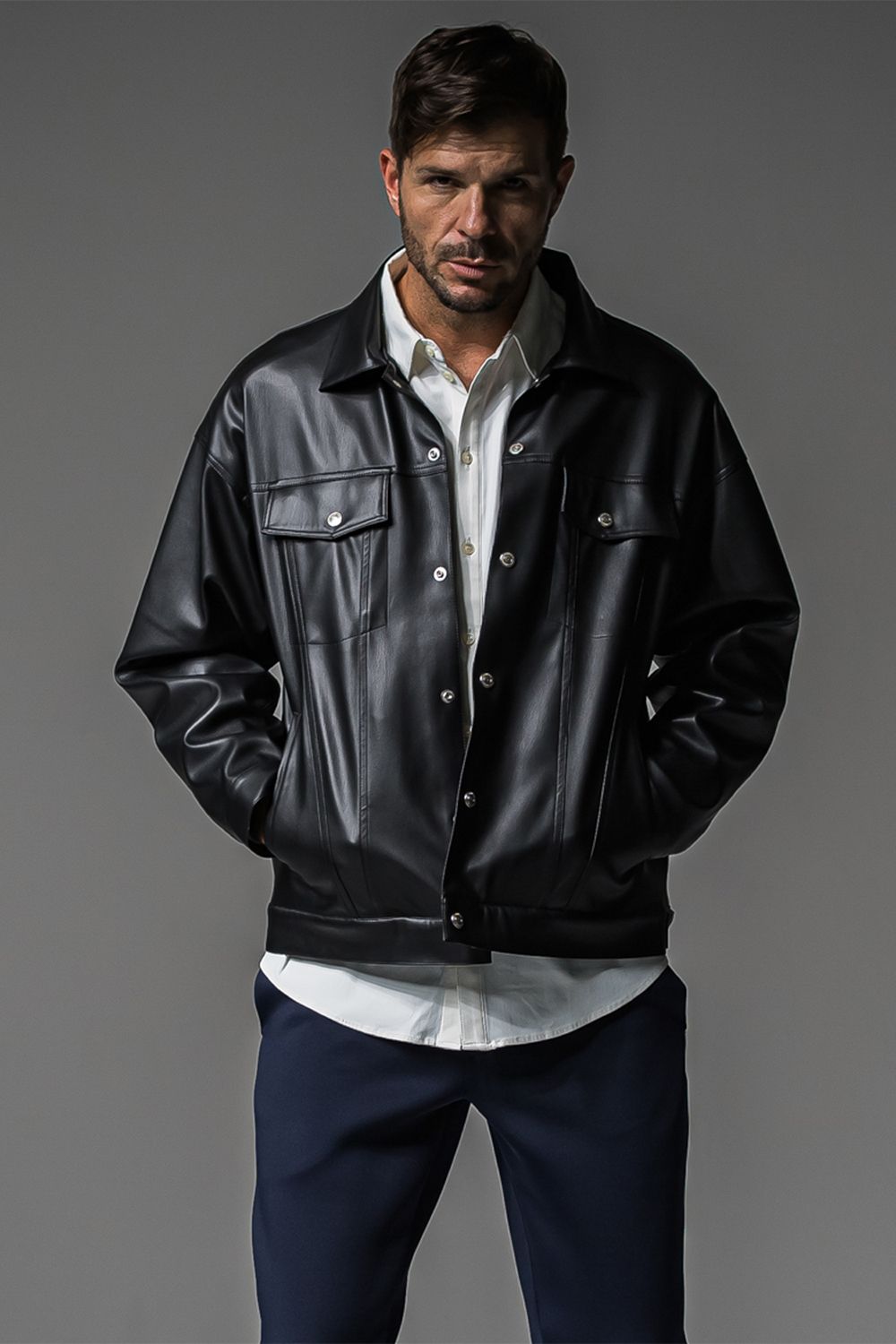 LEATHER OVER 3RD G / オーバーサイズ エコレザーGジャン