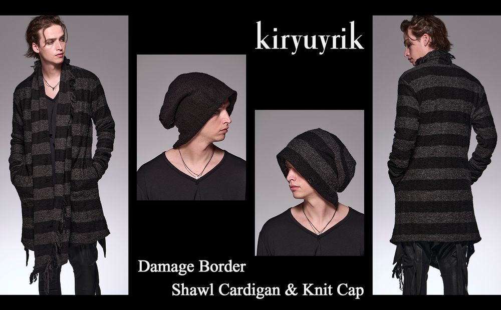 【kiryuyrik】Damage Border Shawl Cardigan & Knit Cap