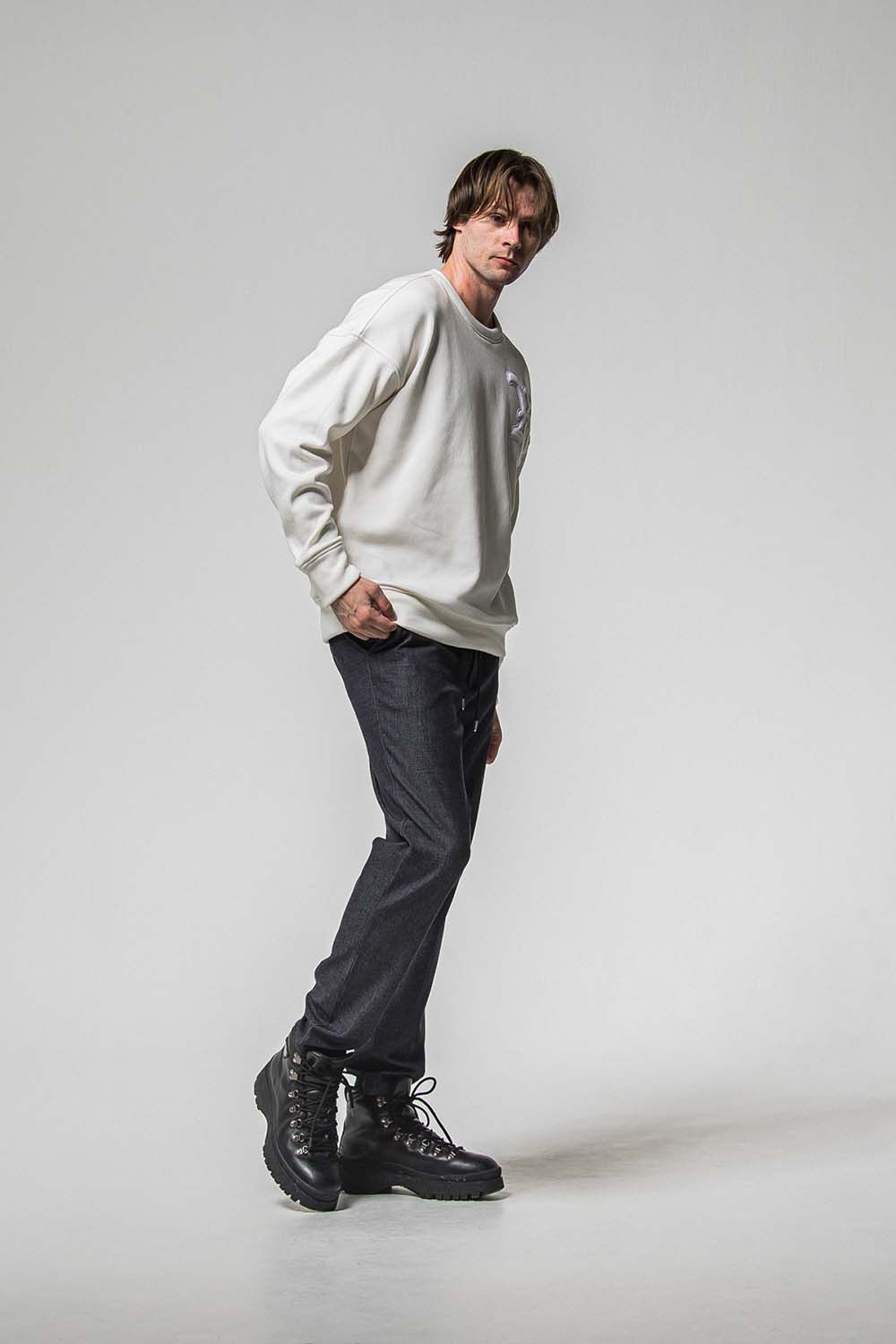 RC CHENILLE VELOURS FLEECE DROP TRINER / RC サガラ刺繍ワッペン ベロア フリース ドロップ トレーナー