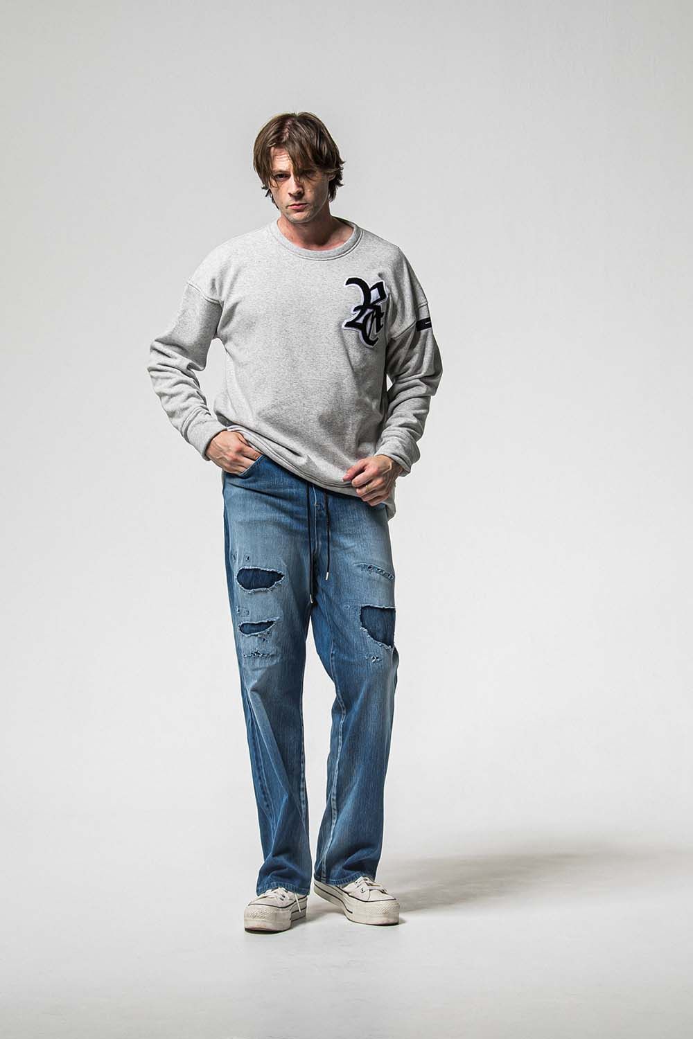 RC CHENILLE VELOURS FLEECE DROP TRINER / RC サガラ刺繍ワッペン ベロア フリース ドロップ トレーナー