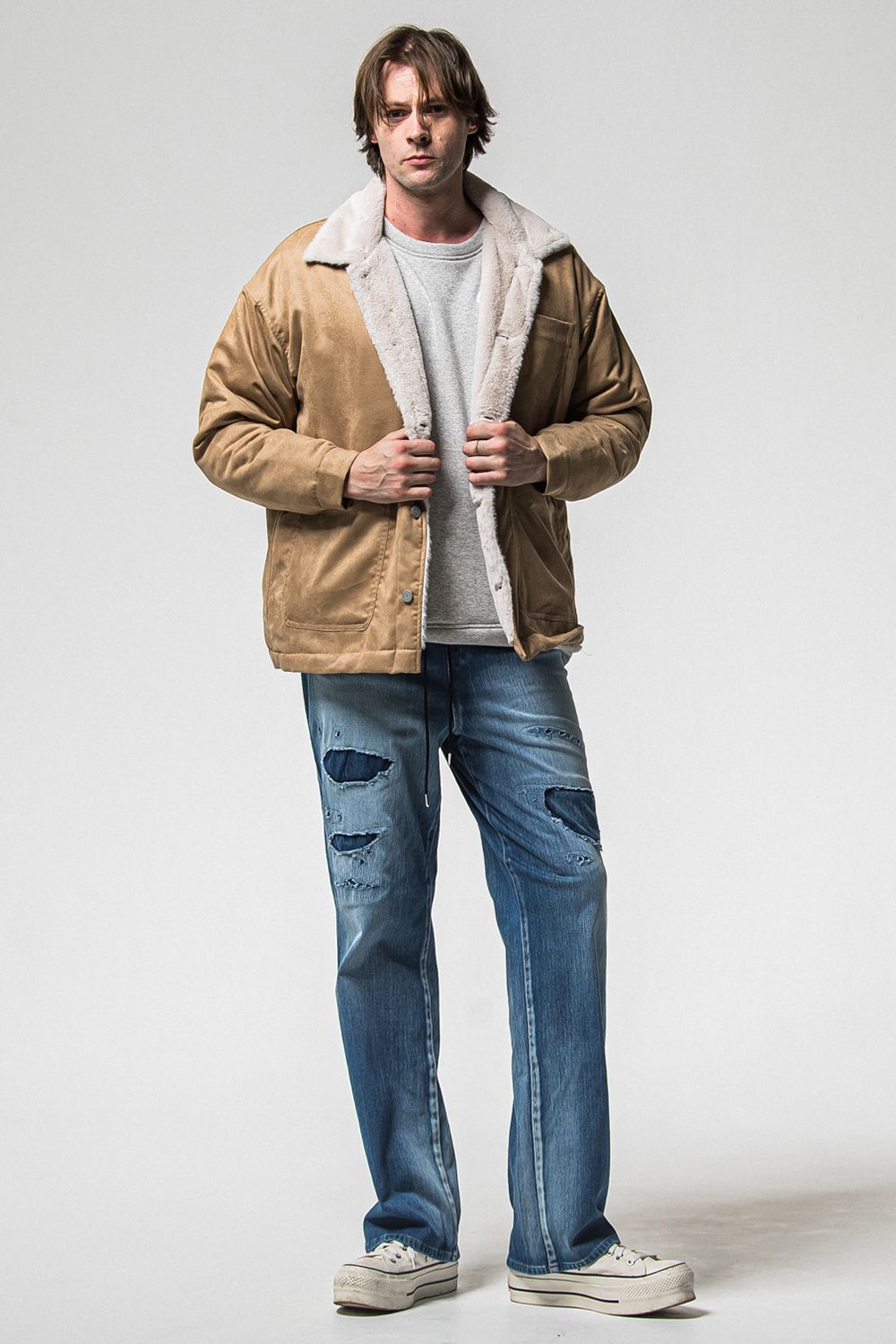 RC CHENILLE VELOURS FLEECE DROP TRINER / RC サガラ刺繍ワッペン ベロア フリース ドロップ トレーナー