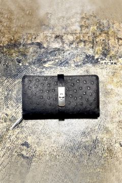 Round Long WALLET -オーストリッチ型押し- BLACK ×S/SILIVER METAL - Oil Leather