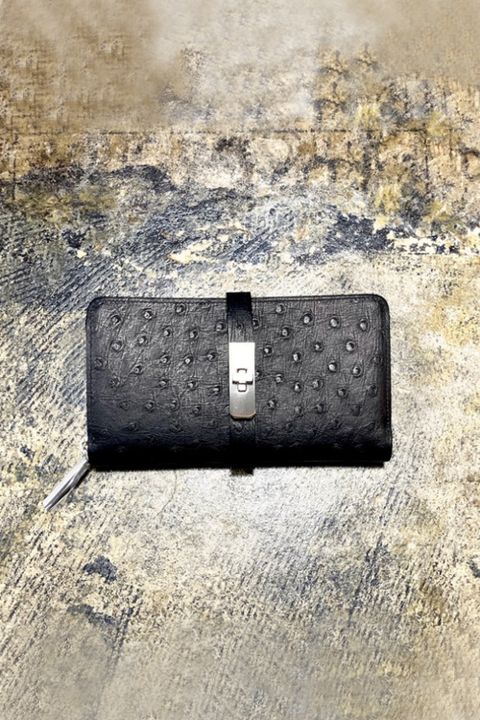 Round Long WALLET -オーストリッチ型押し- BLACK ×S/SILIVER METAL - Oil Leather