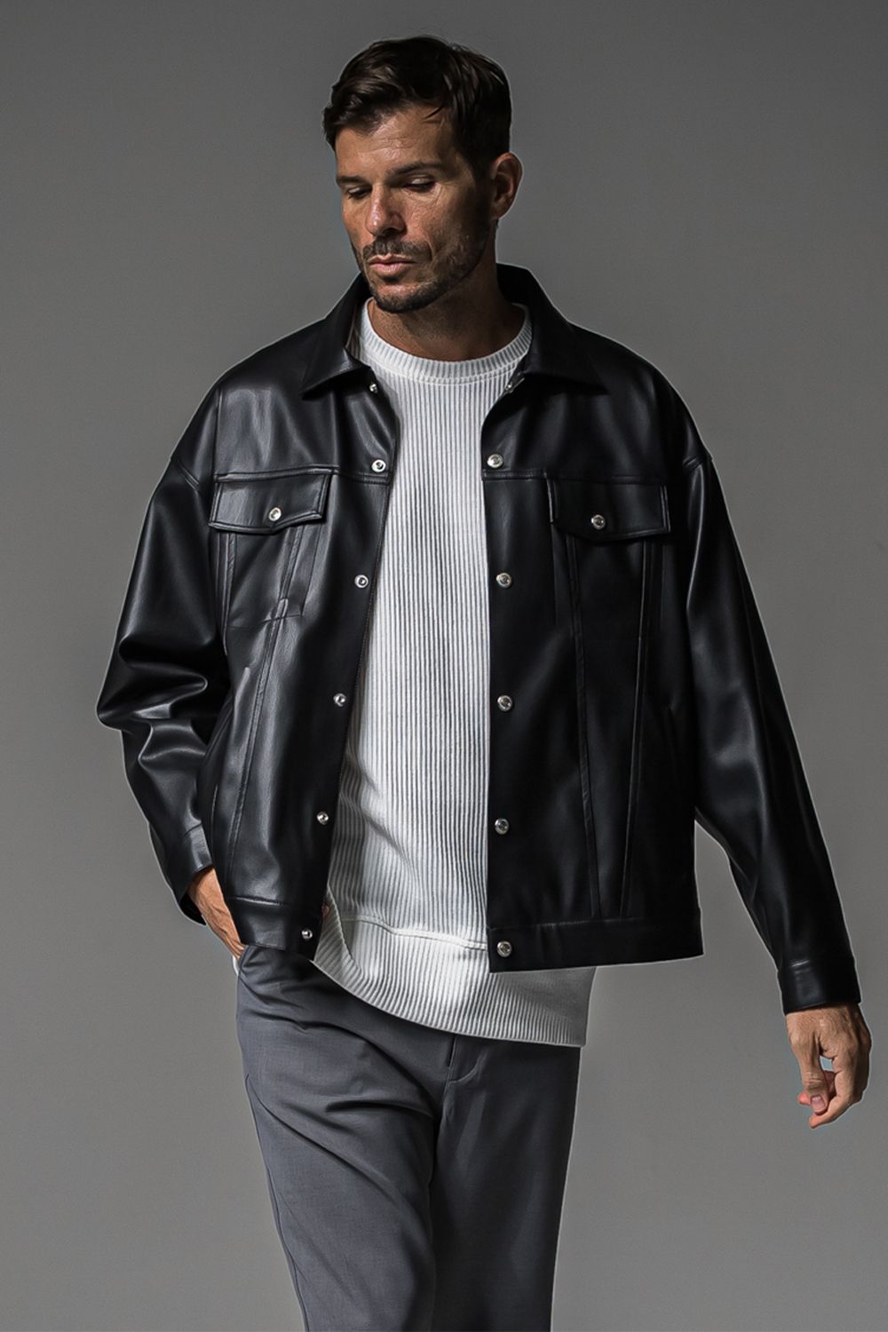 LEATHER OVER 3RD G / オーバーサイズ エコレザーGジャン