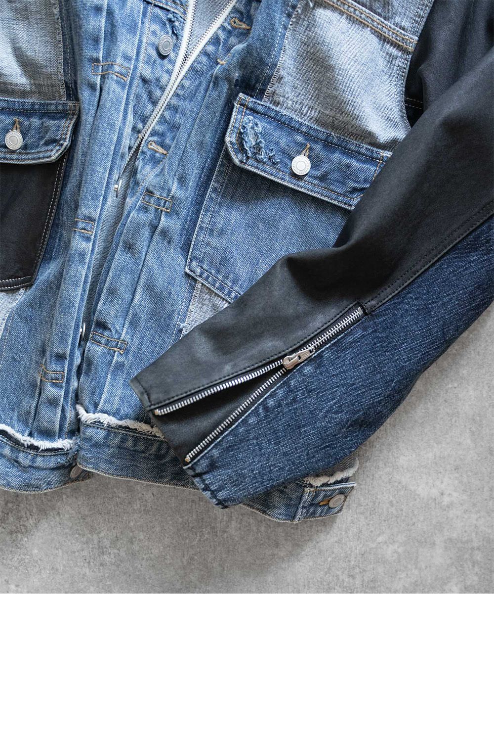 CENTER SEAM JKT×LEATHER DISTRESSED / センターシーム ダメージ加工 デニムジャケット レザー