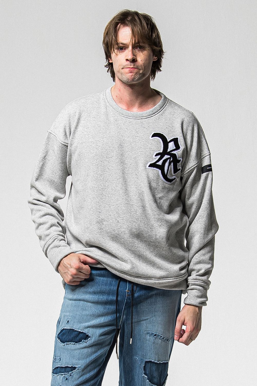 RC CHENILLE VELOURS FLEECE DROP TRINER / RC サガラ刺繍ワッペン ベロア フリース ドロップ トレーナー