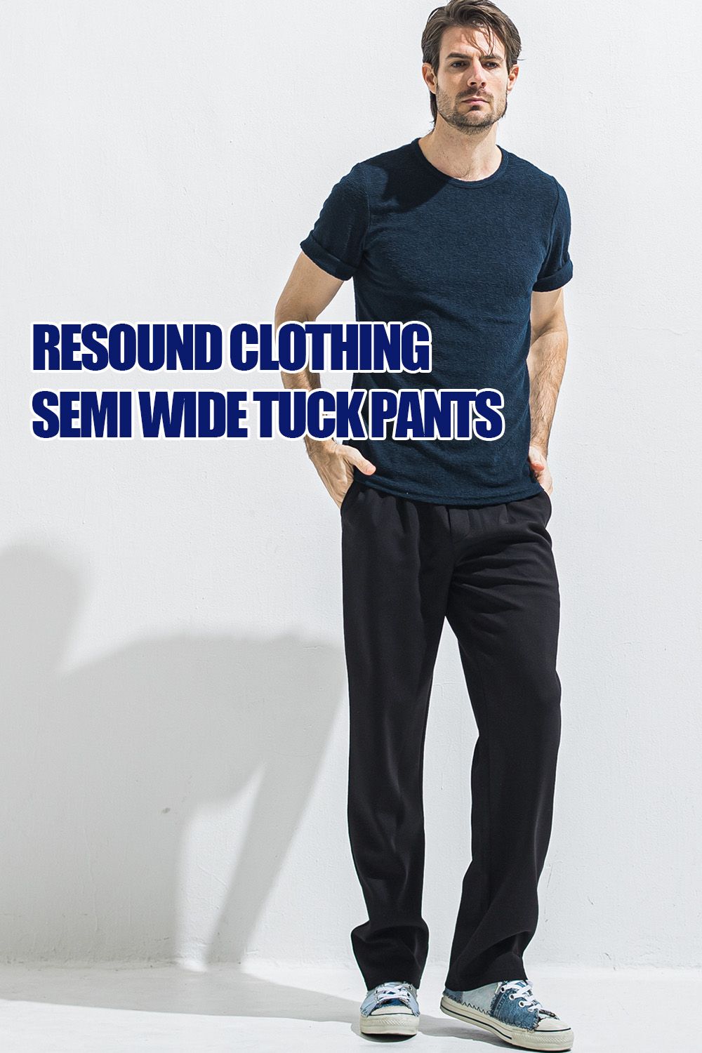 RESOUND CLOTHINGの程よい太さ、柔らかくずっと穿いていられるスラックス見えするイージーワイドパンツ