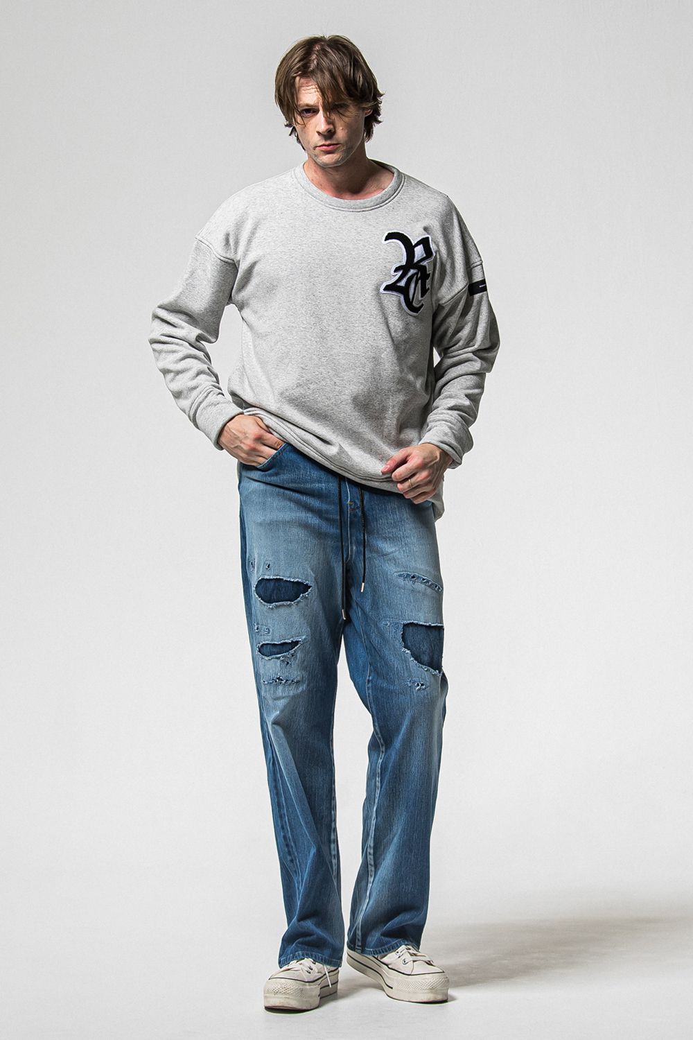 RC CHENILLE VELOURS FLEECE DROP TRINER / RC サガラ刺繍ワッペン ベロア フリース ドロップ トレーナー