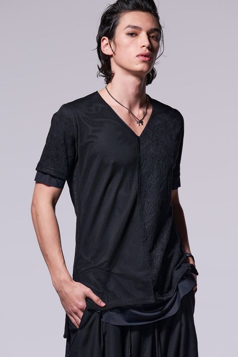 Lace&Mesh + Lining Jersey Layered T-Shirt / レースアンドメッシュ ジャガード ジャージ レイヤード ティーシャツ